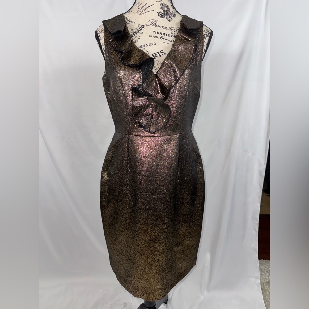 NWOT: KATE SPADE Elegant Metallic Bronze-Gold V-neck Midi Dress (v)